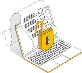 An illustration of a laptop with a sheet of paper representing data over the screen, and an open lock in front of the paper. 